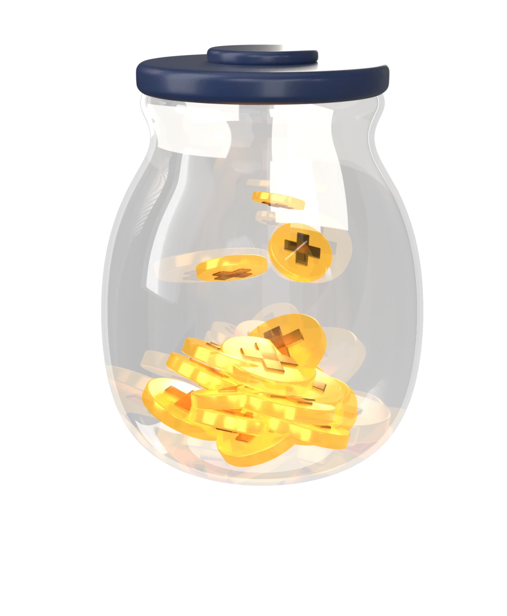 The app's 3D glass jar, filled with magot gold coins