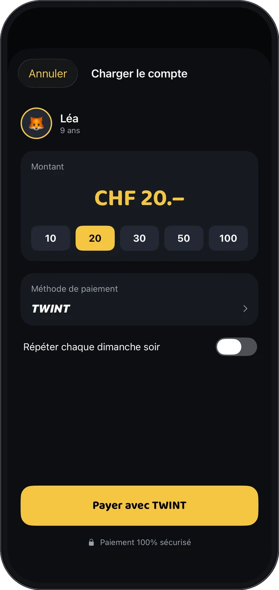 magot family top-up screen: amount CHF 20.–, payment method TWINT, button Pay with TWINT